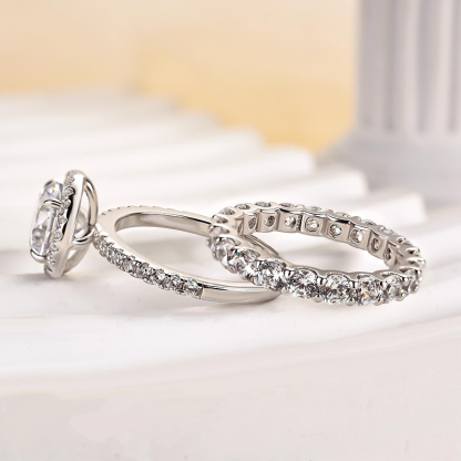 Halo Round Cut  Wedding Set-Sterling Silver-lornajewelry