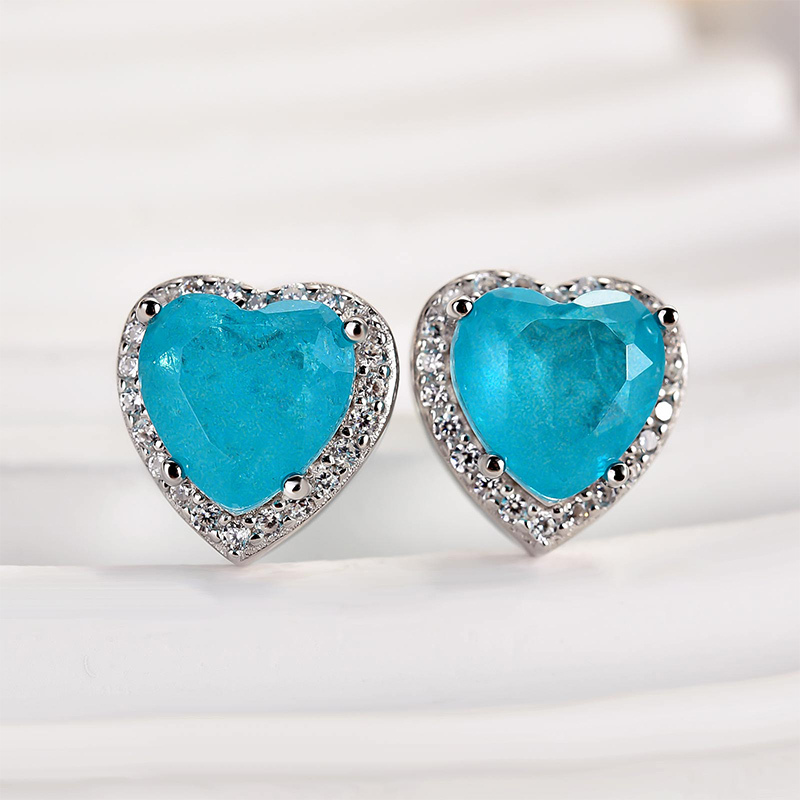 Halo Heart Shaped Aquamarine Blue Sterling Silver Women's Stud Earrings-Sterling Silver-lornajewelry