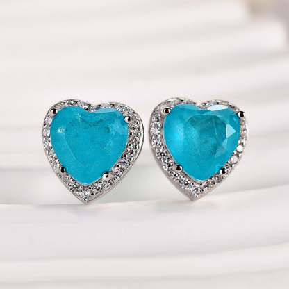 Halo Heart Shaped Aquamarine Blue Sterling Silver Women's Stud Earrings-Sterling Silver-lornajewelry