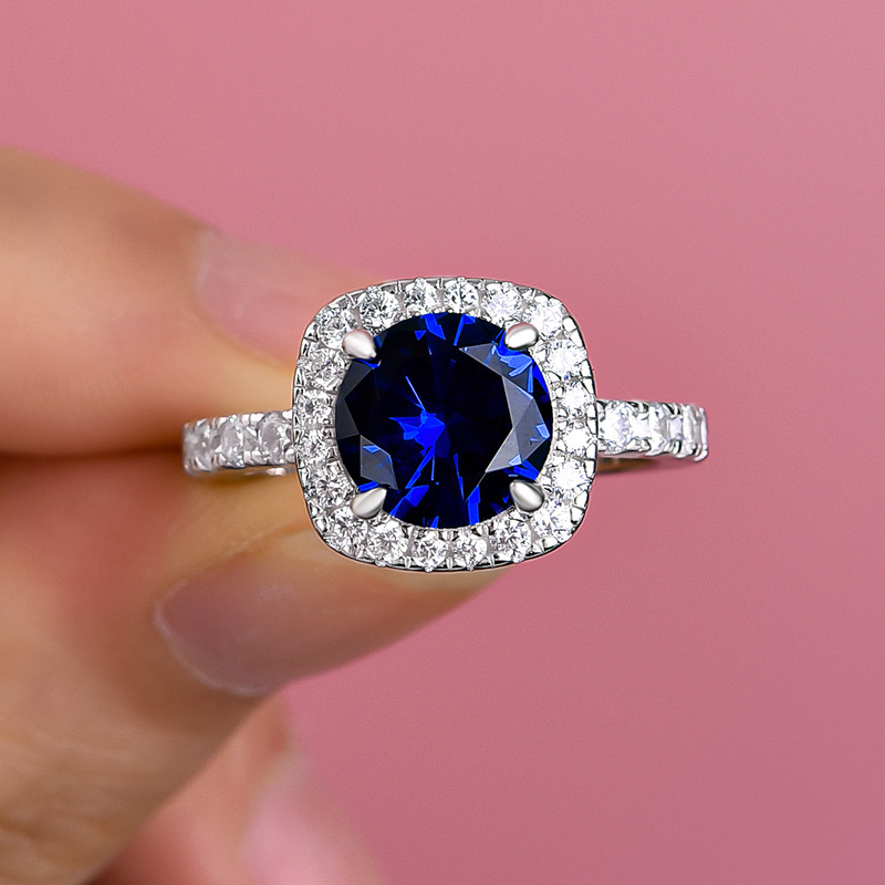 2Ct Stunning Halo Round Cut Blue Sapphire Engagement Ring In Sterling Silver-Sterling Silver-lornajewelry
