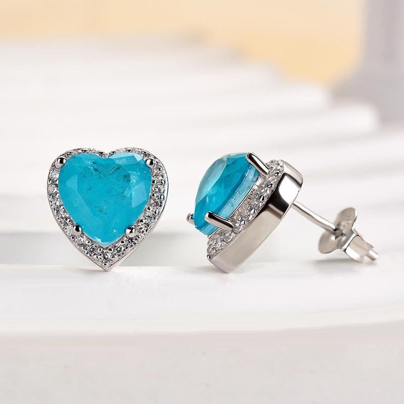 Halo Heart Shaped Aquamarine Blue Sterling Silver Women's Stud Earrings-Sterling Silver-lornajewelry