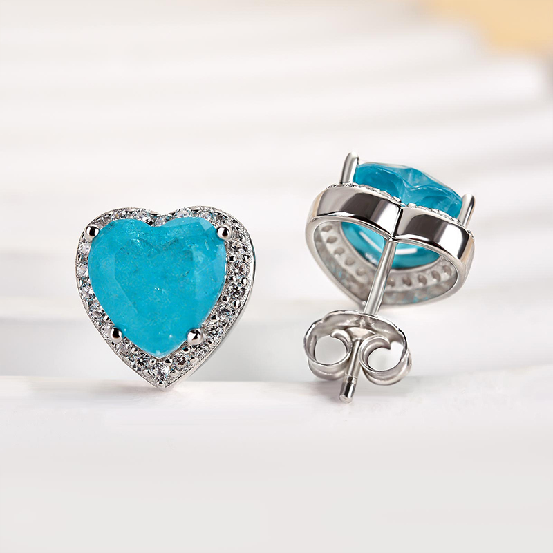 Halo Heart Shaped Aquamarine Blue Sterling Silver Women's Stud Earrings-Sterling Silver-lornajewelry