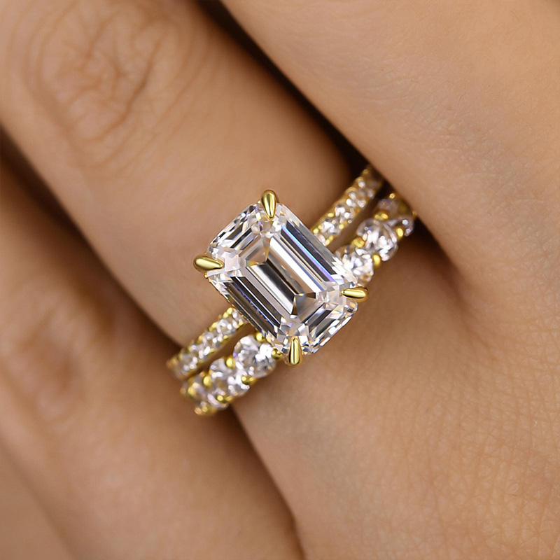 Unique Emerald Cut Wedding Ring Set-Sterling Silver-lornajewelry