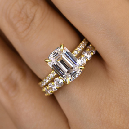 Unique Emerald Cut Wedding Ring Set-Sterling Silver-lornajewelry