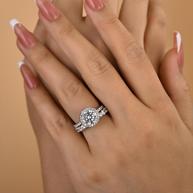 Halo Round Cut  Wedding Set-Sterling Silver-lornajewelry