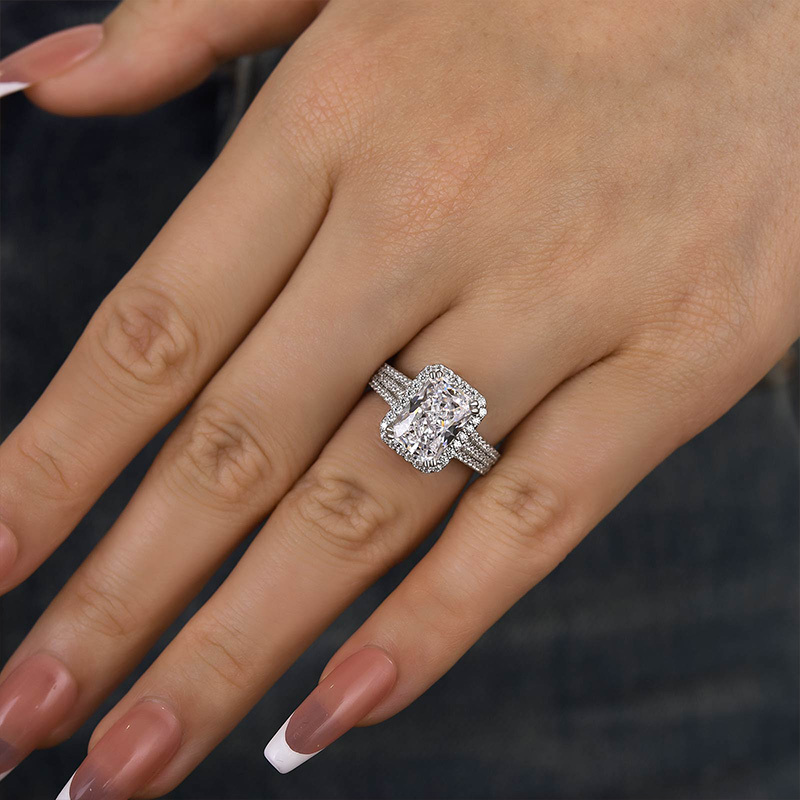 3.3Ct Sparkle Split Shank Halo Radiant Cut  Engagement Ring In Sterling Silver-Sterling Silver-lornajewelry