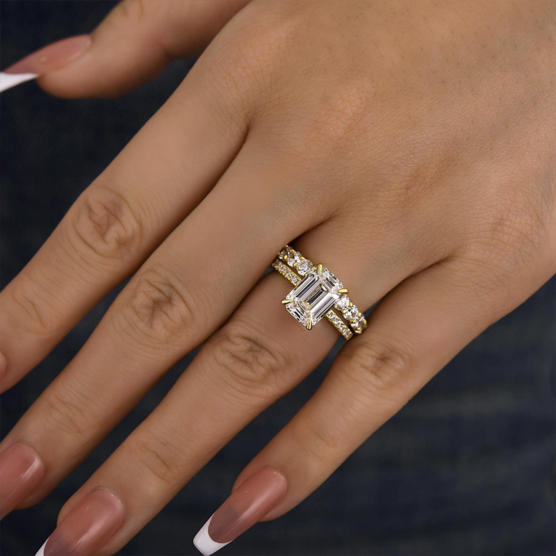 Unique Emerald Cut Wedding Ring Set-Sterling Silver-lornajewelry