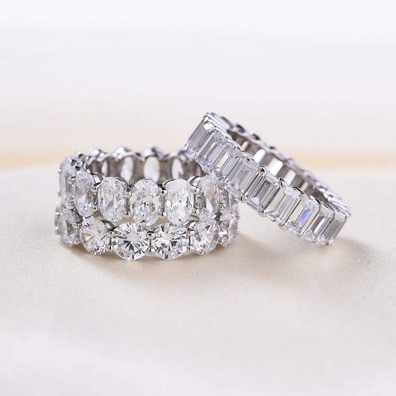 Gorgeous Eternity Emerald & Round & Oval Cut Wedding Band Set In Sterling Silver-Sterling Silver-lornajewelry