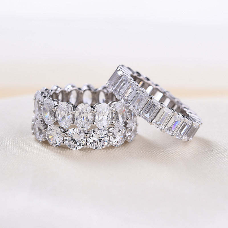 Gorgeous Eternity Emerald & Round & Oval Cut Wedding Band Set In Sterling Silver-Sterling Silver-lornajewelry