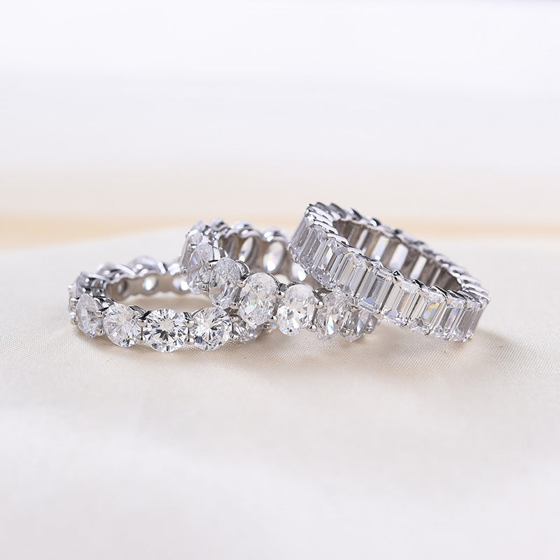 Gorgeous Eternity Emerald & Round & Oval Cut Wedding Band Set In Sterling Silver-Sterling Silver-lornajewelry