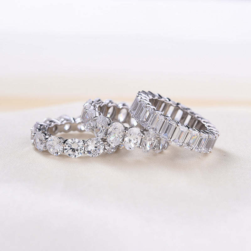 Gorgeous Eternity Emerald & Round & Oval Cut Wedding Band Set In Sterling Silver-Sterling Silver-lornajewelry