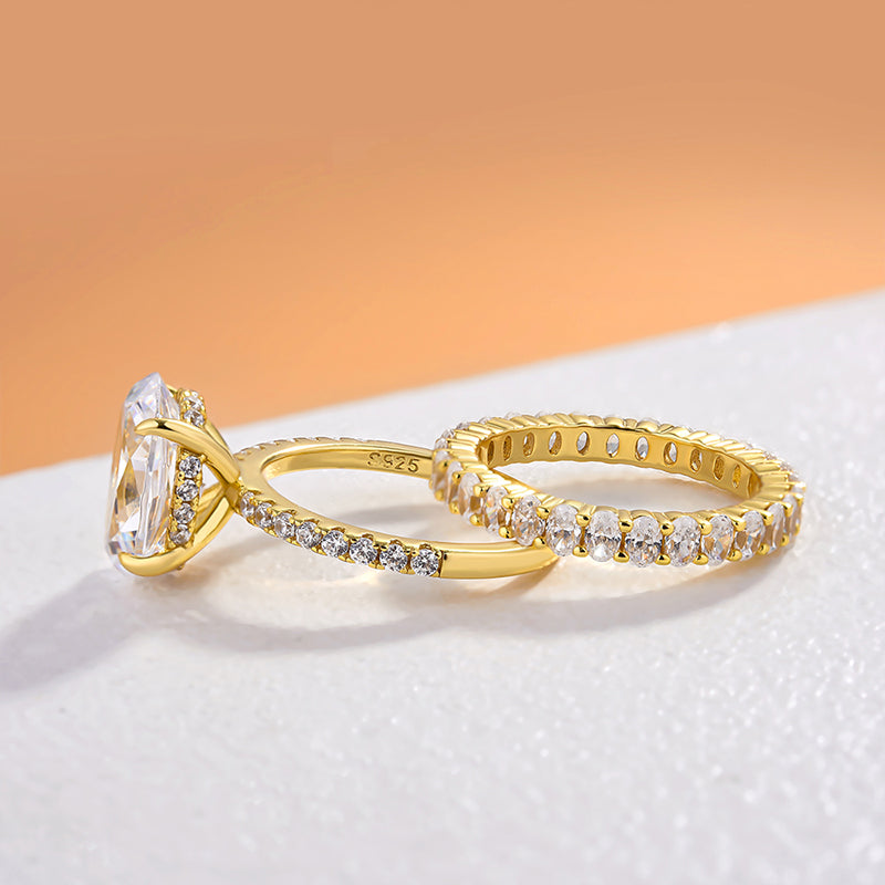 Exquisite Yellow Gold Oval Cut Wedding Ring Set In Sterling Silver-Sterling Silver-lornajewelry