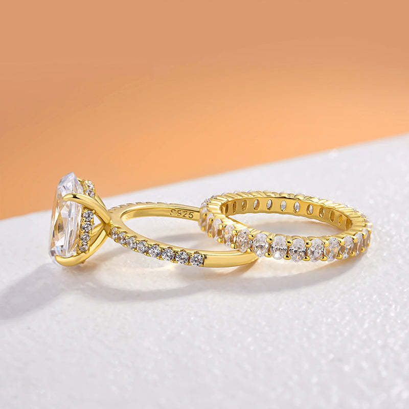 Exquisite Yellow Gold Oval Cut Wedding Ring Set In Sterling Silver-Sterling Silver-lornajewelry
