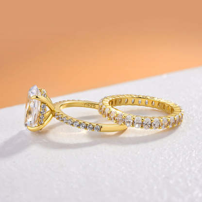 Exquisite Yellow Gold Oval Cut Wedding Ring Set In Sterling Silver-Sterling Silver-lornajewelry