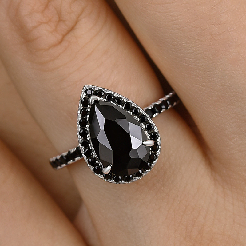 2.2Ct Halo Pear Cut Black Simulated Diamond Engagement Ring In Sterling Silver-Sterling Silver-lornajewelry