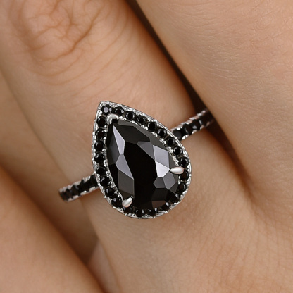 2.2Ct Halo Pear Cut Black Simulated Diamond Engagement Ring In Sterling Silver-Sterling Silver-lornajewelry