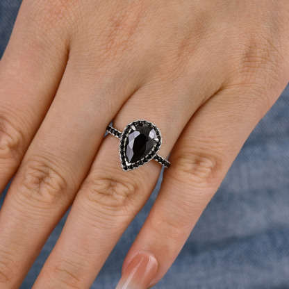 2.2Ct Halo Pear Cut Black Simulated Diamond Engagement Ring In Sterling Silver-Sterling Silver-lornajewelry