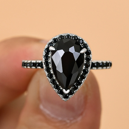 2.2Ct Halo Pear Cut Black Simulated Diamond Engagement Ring In Sterling Silver-Sterling Silver-lornajewelry