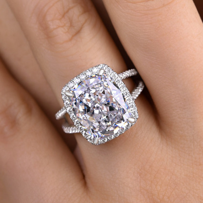 9Ct Luxurious Split Shank Halo Cushion Cut Engagement Ring For Women In Sterling Silver-Sterling Silver-lornajewelry