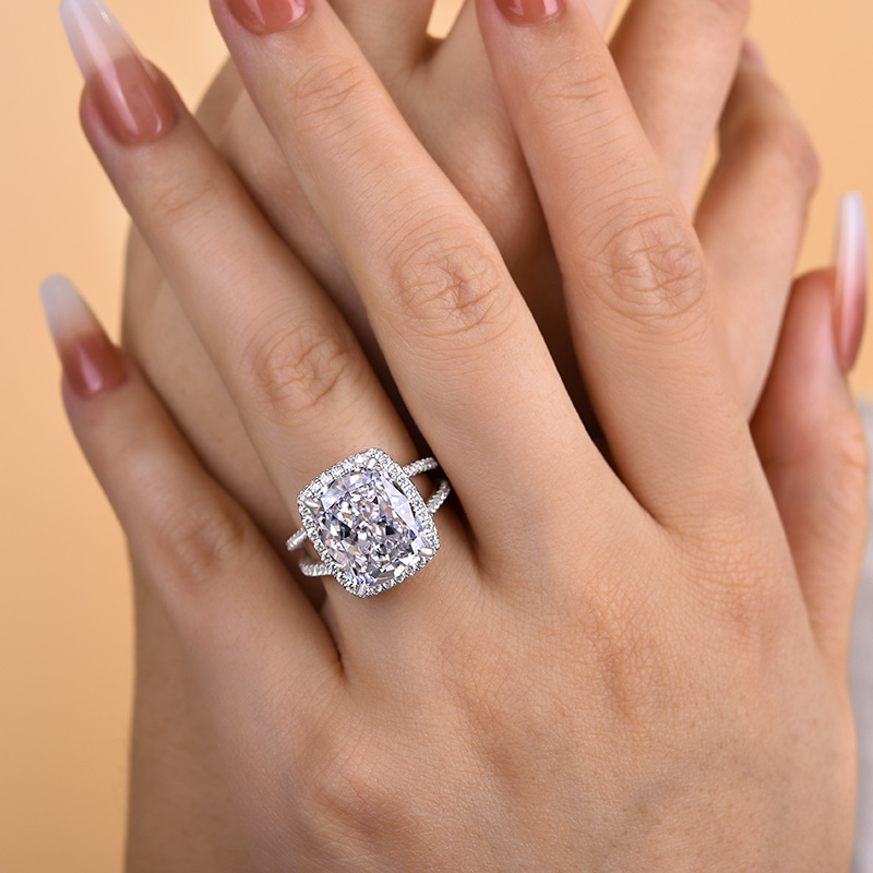 9Ct Luxurious Split Shank Halo Cushion Cut Engagement Ring For Women In Sterling Silver-Sterling Silver-lornajewelry