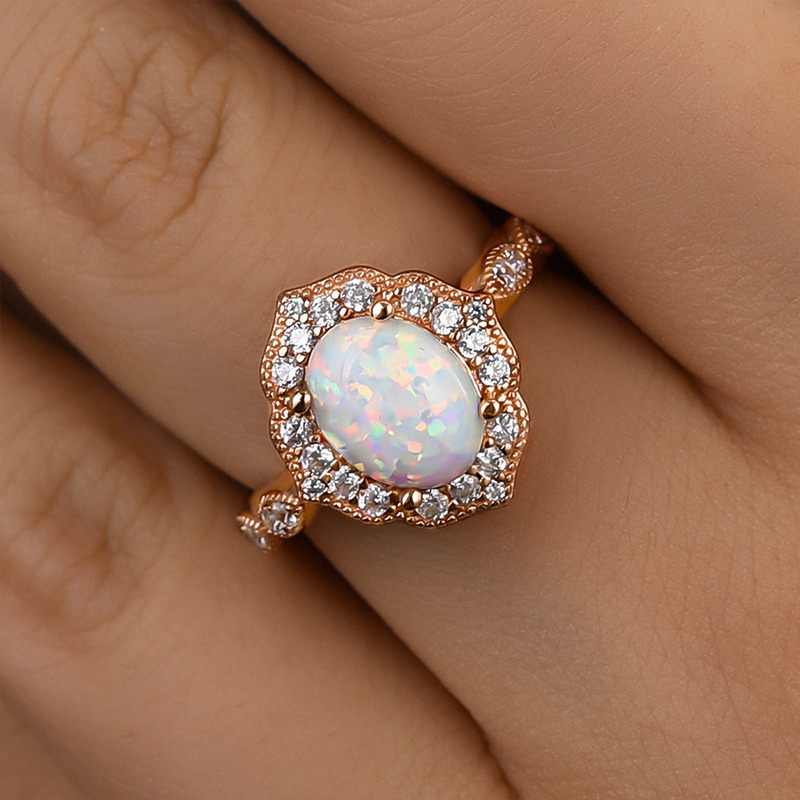 1.8Ct Vintage Rose Gold Oval Cut Opal Engagement Ring In Sterling Silver-Sterling Silver-lornajewelry