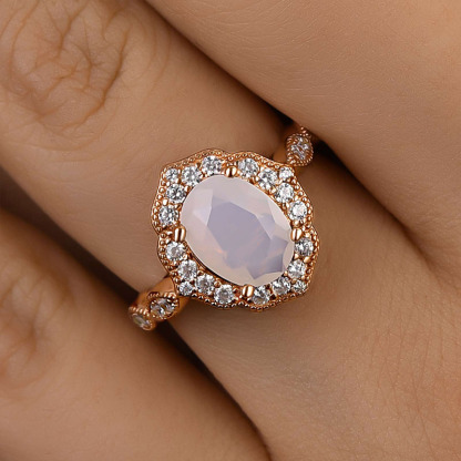 1.8Ct Rose Gold Oval Cut Moonstone Engagement Ring In Sterling Silver-Sterling Silver-lornajewelry