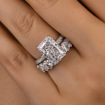 Luxurious Elongated Radiant Cut Wedding Ring Set-Sterling Silver-lornajewelry