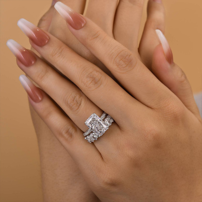 Luxurious Elongated Radiant Cut Wedding Ring Set-Sterling Silver-lornajewelry