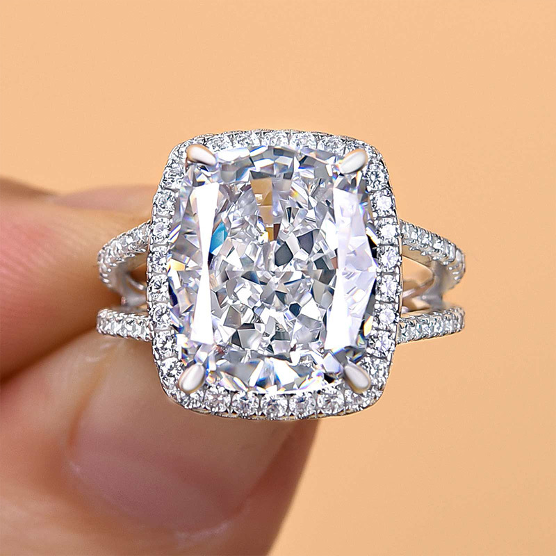 9Ct Luxurious Split Shank Halo Cushion Cut Engagement Ring For Women In Sterling Silver-Sterling Silver-lornajewelry