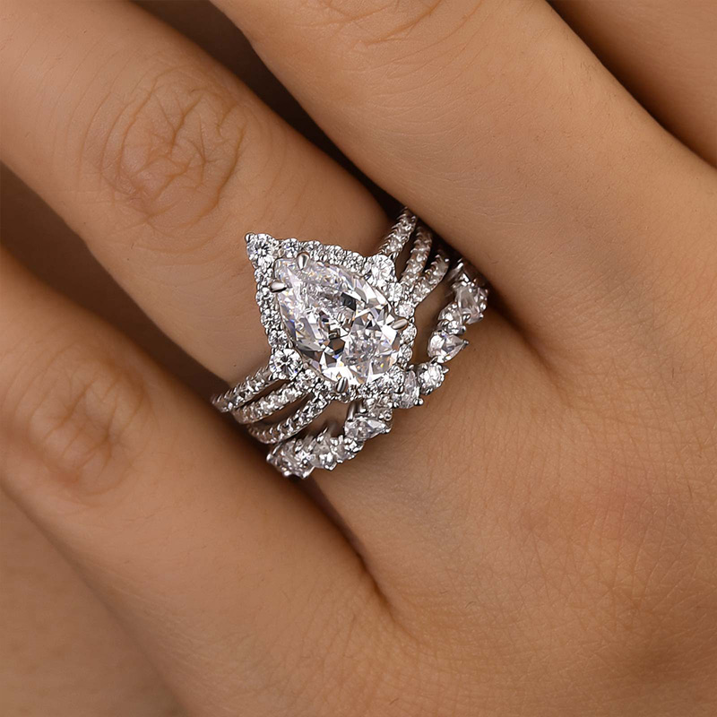 Gorgeous Halo Pear Cut 3PC Bridal Ring Set-Sterling Silver-lornajewelry