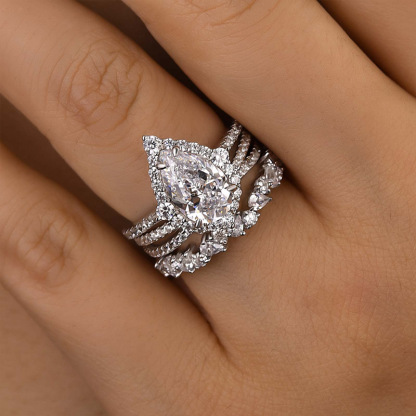 Gorgeous Halo Pear Cut 3PC Bridal Ring Set-Sterling Silver-lornajewelry