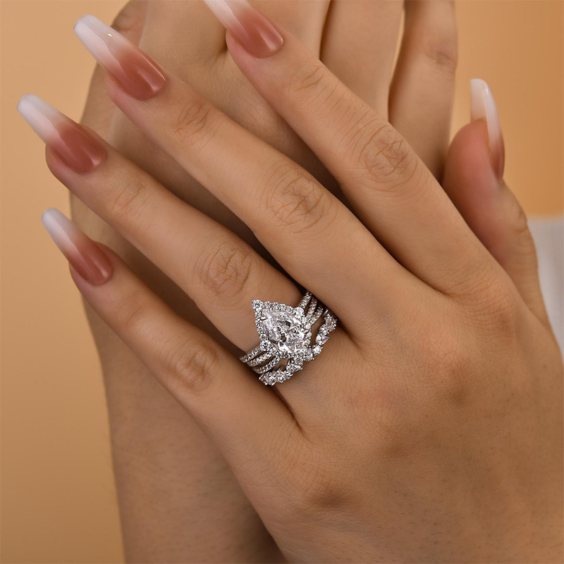 Gorgeous Halo Pear Cut 3PC Bridal Ring Set-Sterling Silver-lornajewelry