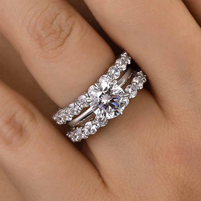 Classic Round Cut 3-Pieces Wedding Set In Sterling Silver-Sterling Silver-lornajewelry