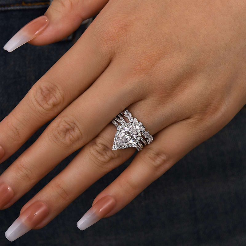 Gorgeous Halo Pear Cut 3PC Bridal Ring Set-Sterling Silver-lornajewelry