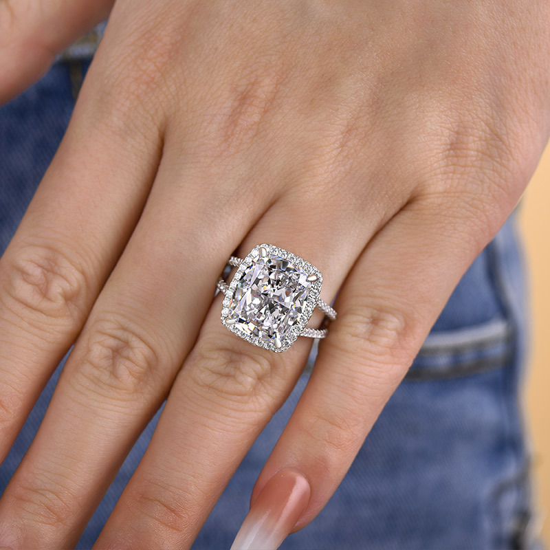 9Ct Luxurious Split Shank Halo Cushion Cut Engagement Ring For Women In Sterling Silver-Sterling Silver-lornajewelry