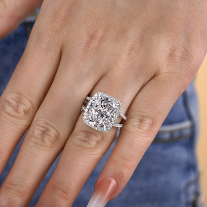 9Ct Luxurious Split Shank Halo Cushion Cut Engagement Ring For Women In Sterling Silver-Sterling Silver-lornajewelry