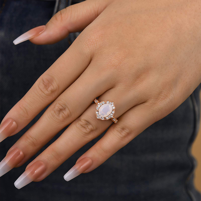 1.8Ct Rose Gold Oval Cut Moonstone Engagement Ring In Sterling Silver-Sterling Silver-lornajewelry