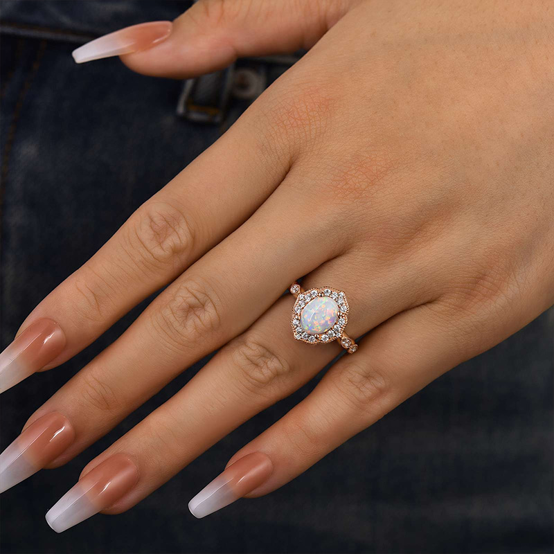 1.8Ct Vintage Rose Gold Oval Cut Opal Engagement Ring In Sterling Silver-Sterling Silver-lornajewelry