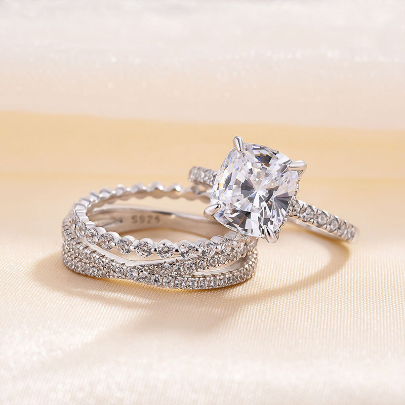 Stunning Cushion Cut 3PC Wedding Ring Set In Sterling Silver-Sterling Silver-lornajewelry