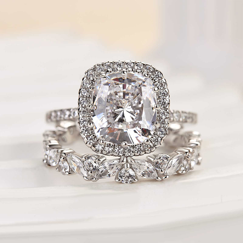 Glamorous Halo Cushion Cut Wedding Set-Sterling Silver-lornajewelry