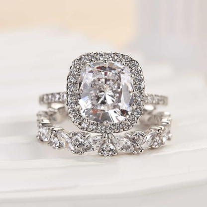 Glamorous Halo Cushion Cut Wedding Set-Sterling Silver-lornajewelry
