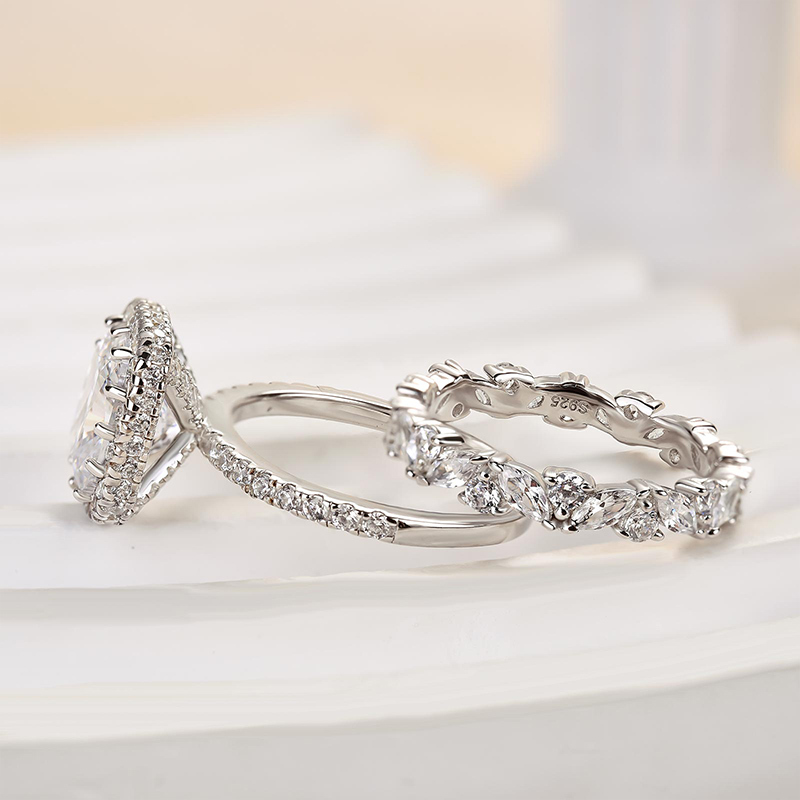 Glamorous Halo Cushion Cut Wedding Set-Sterling Silver-lornajewelry