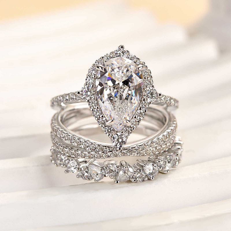 Gorgeous Halo Pear Cut 3PC Bridal Ring Set-Sterling Silver-lornajewelry