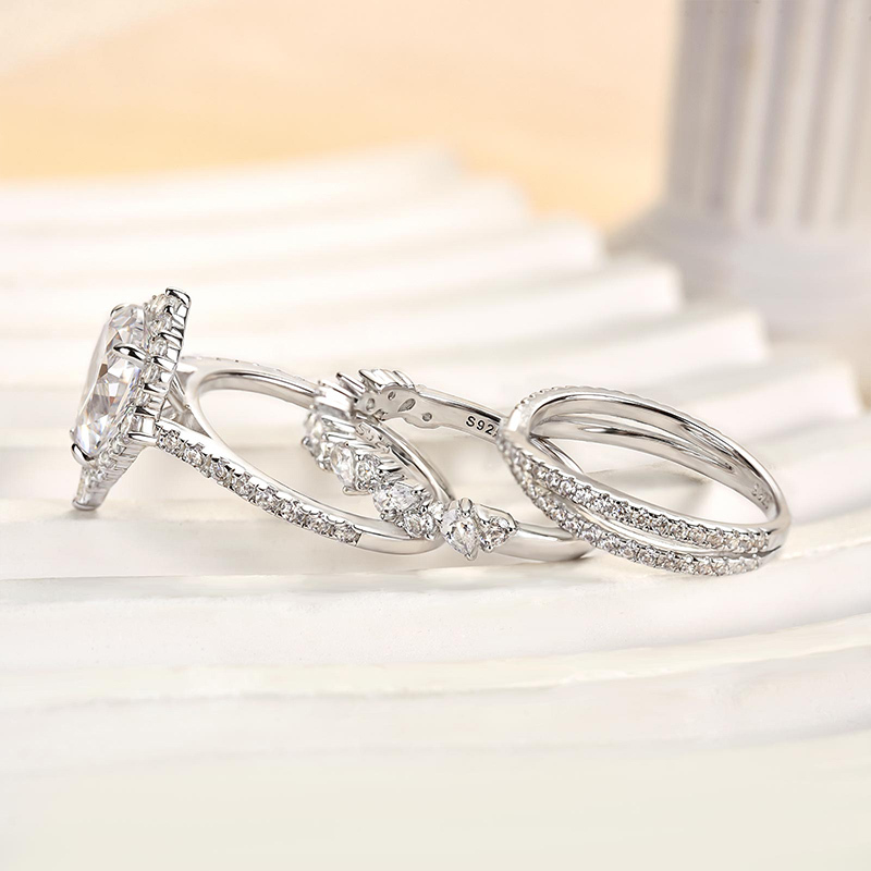 Gorgeous Halo Pear Cut 3PC Bridal Ring Set-Sterling Silver-lornajewelry