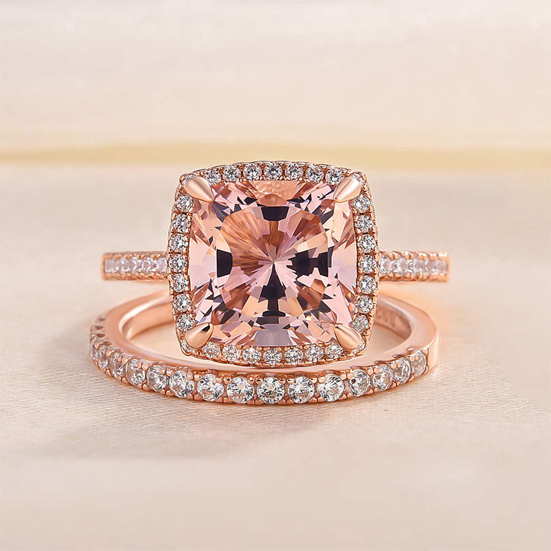 Morganite Women's Bridal Set 5.0 Carat Cushion Cut Wedding Ring Set In Sterling Silver-Sterling Silver-lornajewelry