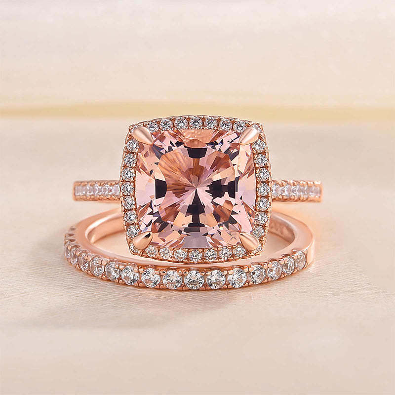 Morganite Women's Bridal Set 5.0 Carat Cushion Cut Wedding Ring Set In Sterling Silver-Sterling Silver-lornajewelry