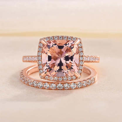 Morganite Women's Bridal Set 5.0 Carat Cushion Cut Wedding Ring Set In Sterling Silver-Sterling Silver-lornajewelry