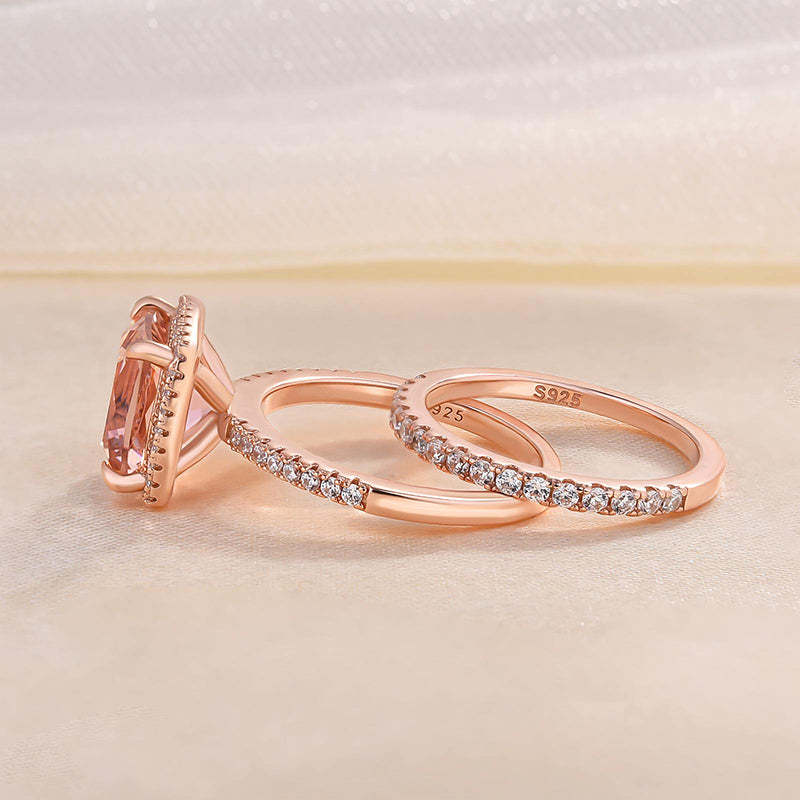 Morganite Women's Bridal Set 5.0 Carat Cushion Cut Wedding Ring Set In Sterling Silver-Sterling Silver-lornajewelry