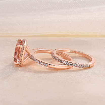 Morganite Women's Bridal Set 5.0 Carat Cushion Cut Wedding Ring Set In Sterling Silver-Sterling Silver-lornajewelry