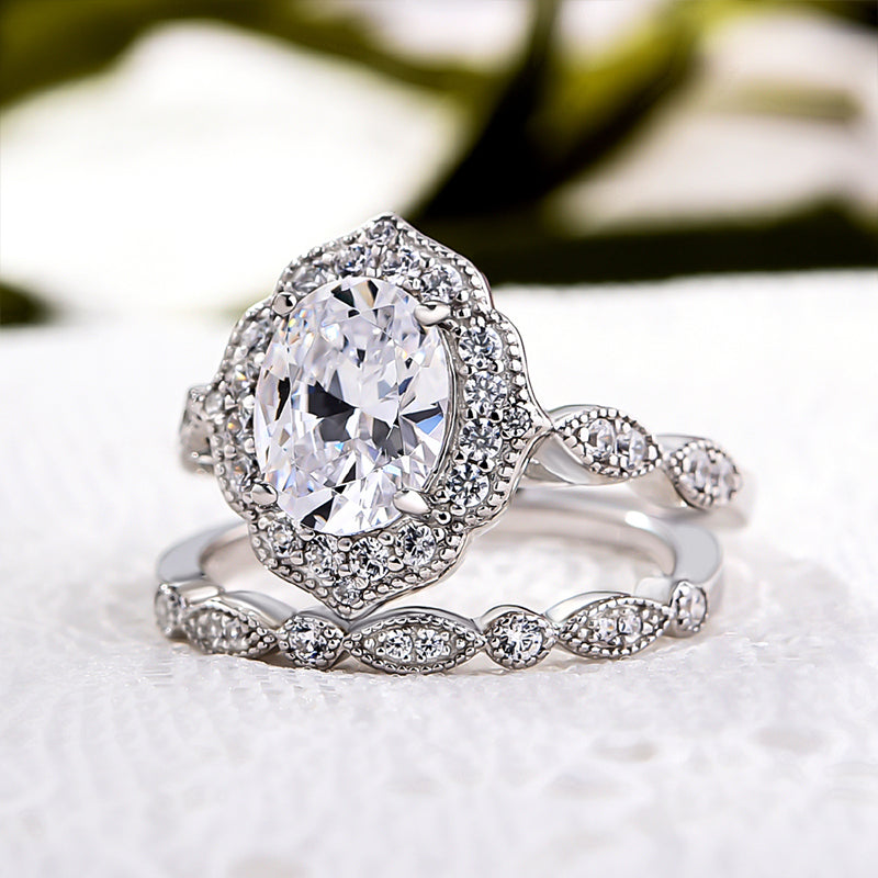 Milgrain Halo Oval Cut Vintage Wedding Set In Sterling Silver-Sterling Silver-lornajewelry